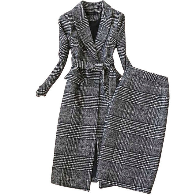 Ladies Plaid Trench and Skirt Suit