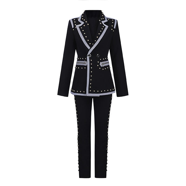 Ladies Studded V-Neck Blazer Pants Suit